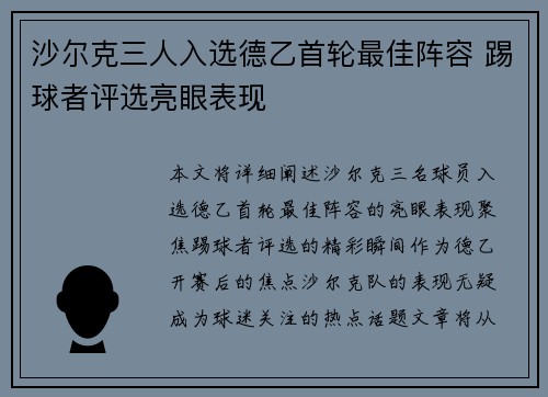沙尔克三人入选德乙首轮最佳阵容 踢球者评选亮眼表现